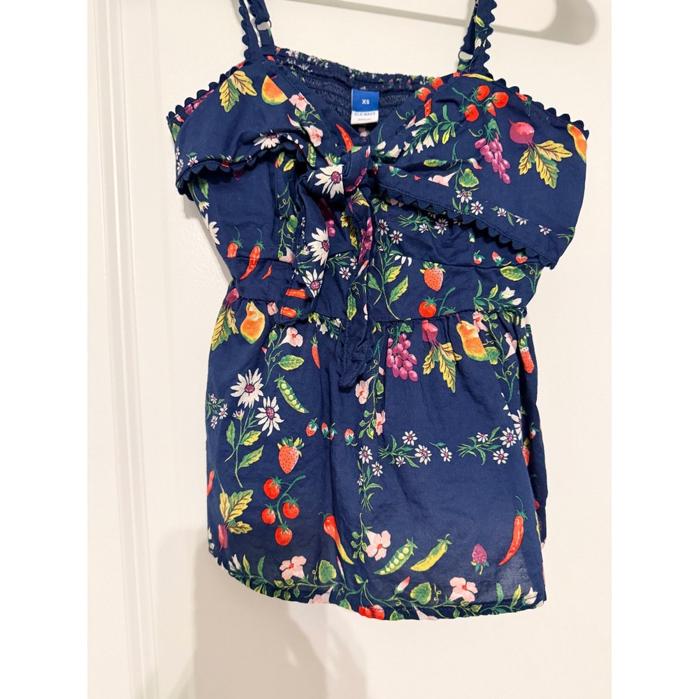 Old Navy Womens XS Fruit Vegetable Print Tie Front Cami Scallop Trim Navy Blue